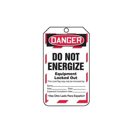 Accuform Safety Tags, DANGER DO NOT ENERGIZE EQUIPMENT LOCKED OUT Bilingual Spanish, 5.75in x 3.25in, 25PK TSP183CTP